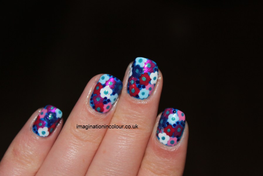 Flowers nail art floral blue pink purple white dotted inspired dress retro summery impress nails design spring summer 30 days untrieds challenge Barry M Barielle Sally Hansen Marks and Spencer Revlon UK blog (2)