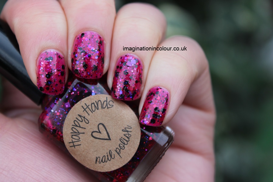 Happy Hands Metal Heart Indie brand nail polish US pink raspberry jelly black glitter iridescent blue purple square red