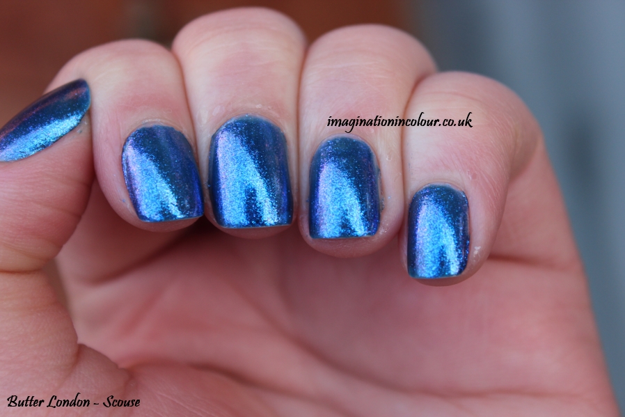 Butter London Scouse bright cyan sea blue foil flake purple ducohrome shiny cruelty free swatch swatches review nail polish uk blog