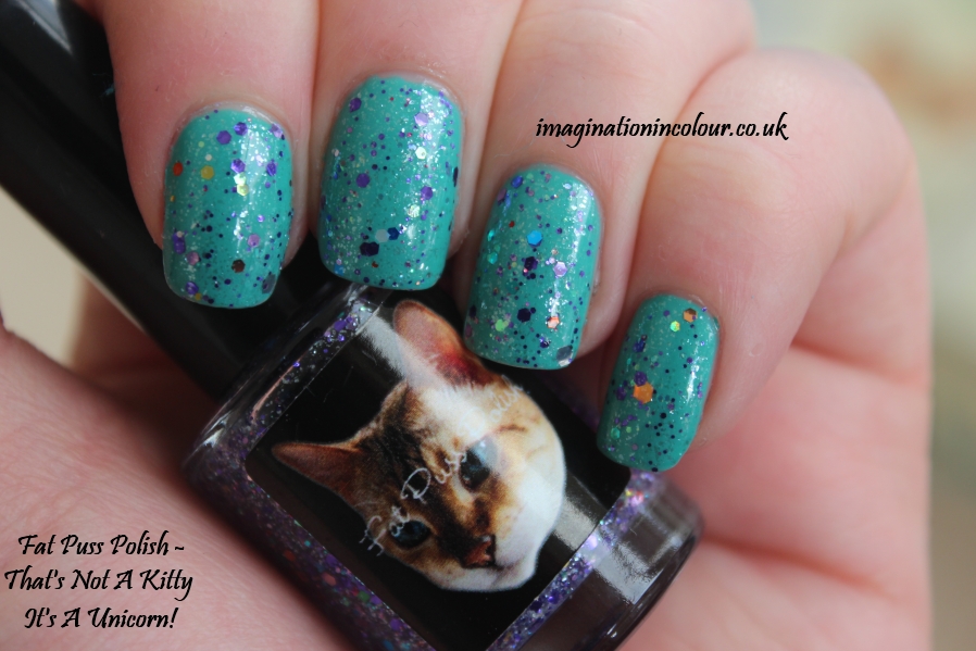 Fat Puss Polish That's Not A Kitty It's a Unicorn @claws4paws UK Indie Handmade nail glitter topcoat purple multicoloured shimmer review blog swatch swatches over teal Essie naughty Nautical