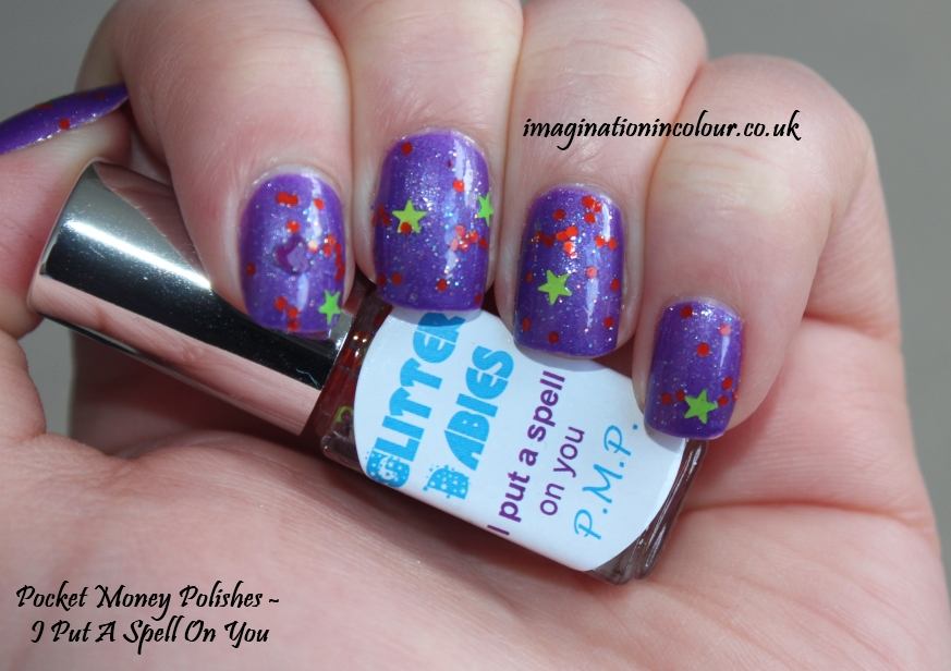 Pocket Money Polishes I Put A Spell On You Glitter Babies PMP glitter topcoat orange bright neon green stars purple hearts iridescent topper nail polish swatch swatches UK Indie handmade blog review