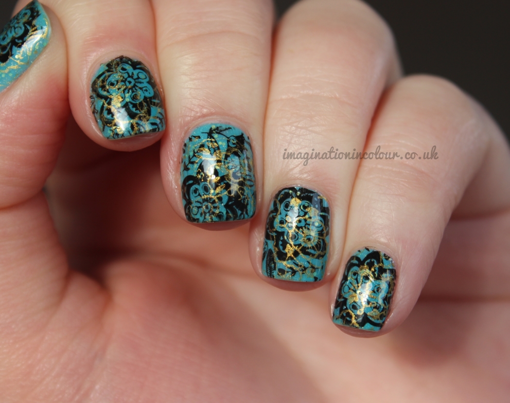 Turquoise Gold Black Stamping Nail Art